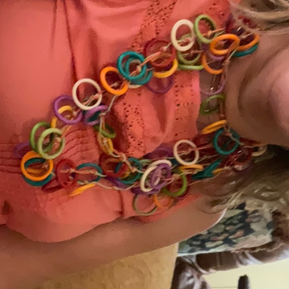 A multi colored statement necklace.